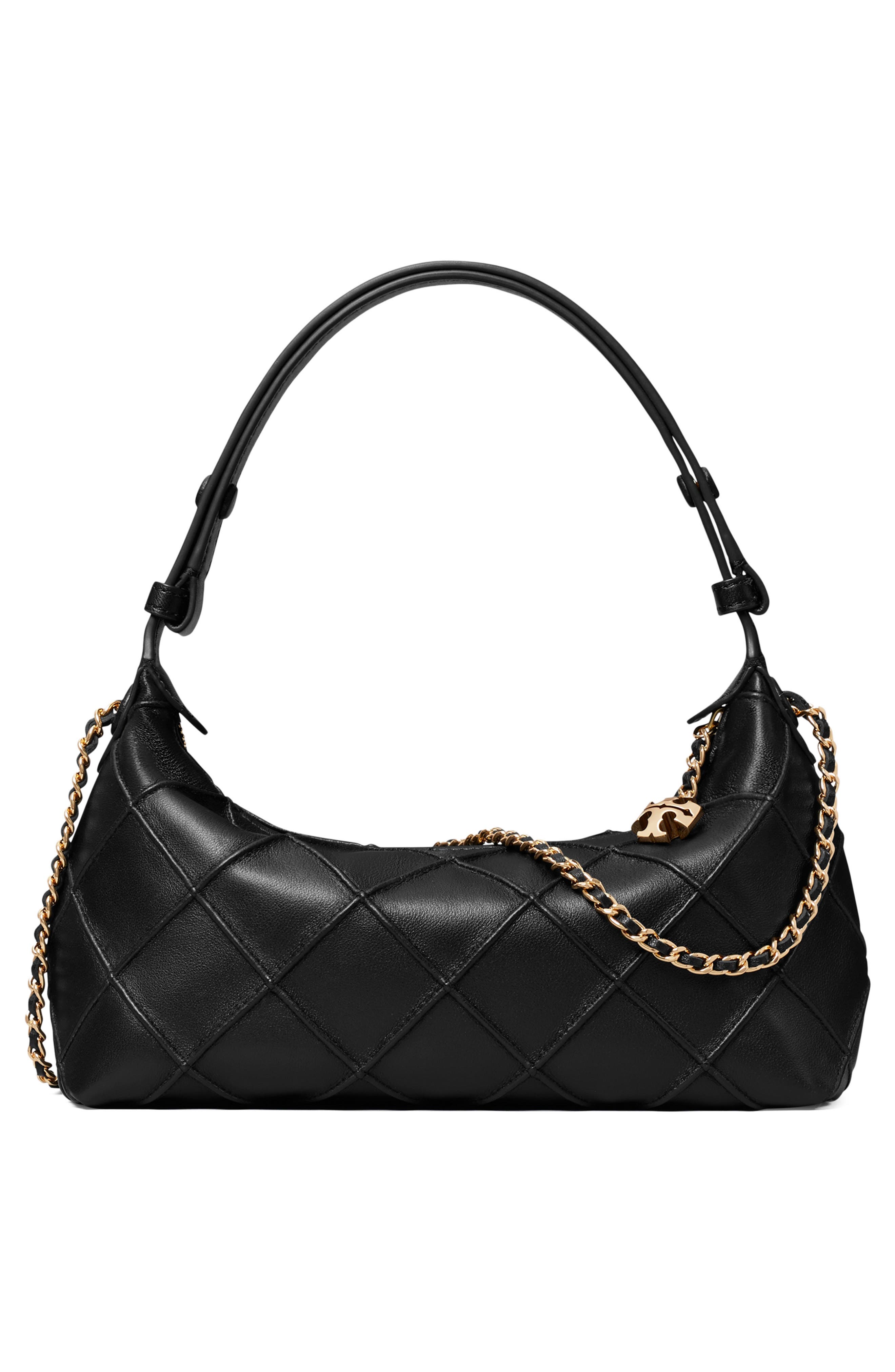 Tory Burch Fleming Pochette Quilted Leather Shoulder Bag, Alternate, color, Black