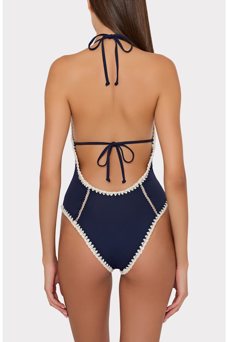 Cutout Crochet Trim One-Piece Swimsuit, Alternate, color, NAVY