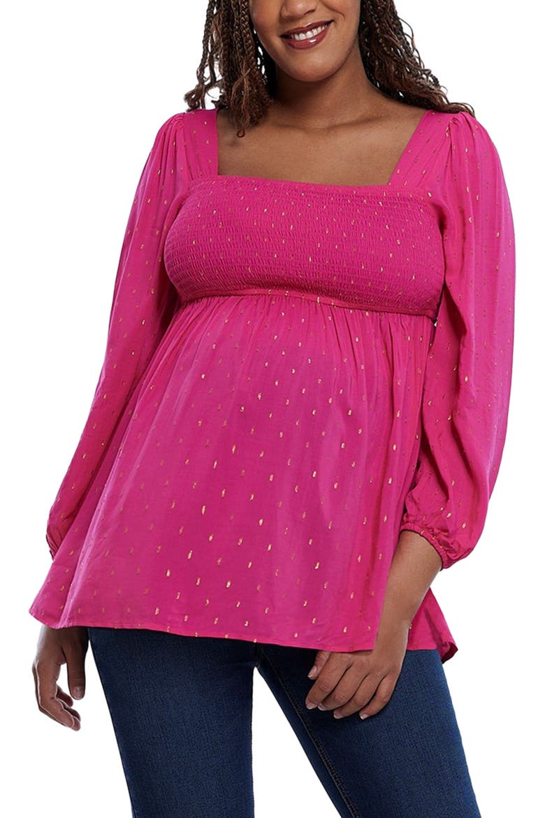 Smocked Square Neck Long Sleeve Babydoll Maternity Top, Alternate, color, Carabet