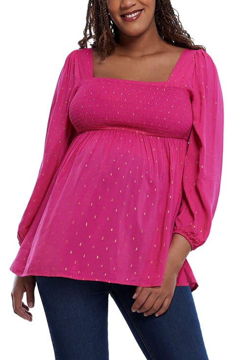 Smocked Square Neck Long Sleeve Babydoll Maternity Top