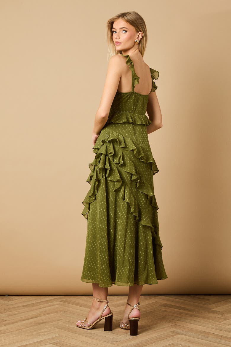 Dobby Ruffle V-Neck Tiered Midi Dress, Alternate, color, Khaki