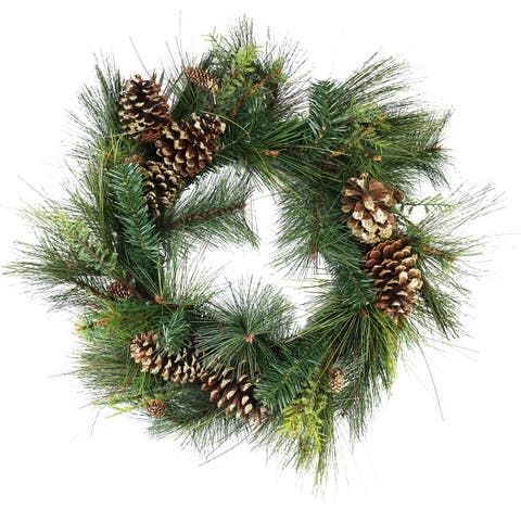 30" Artificial Mixed Pine with Pine Cones and Gold Glitter Christmas Wreath - Unlit