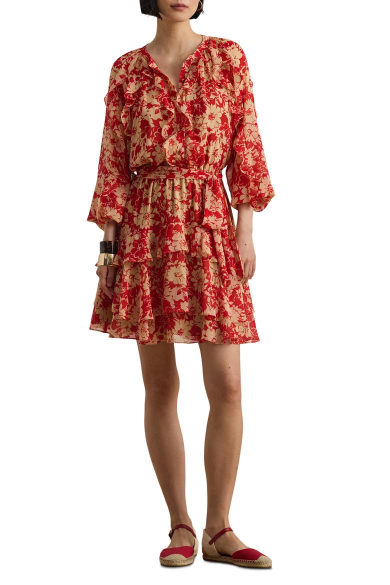 Print Ruffle Trim Georgette Tiered Dress, Main, color, RED/ BEIGE