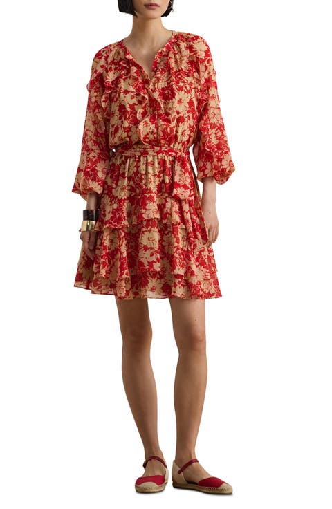 Print Ruffle Trim Georgette Tiered Dress (Regular & Petite)