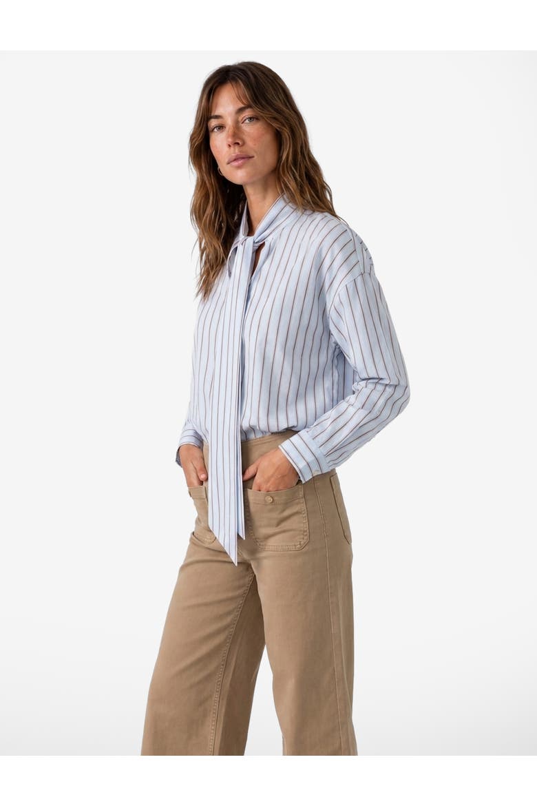 High Neck Long Sleeve Striped Shirt With Scarf Detail, Alternate, color, BLUE STRIPE