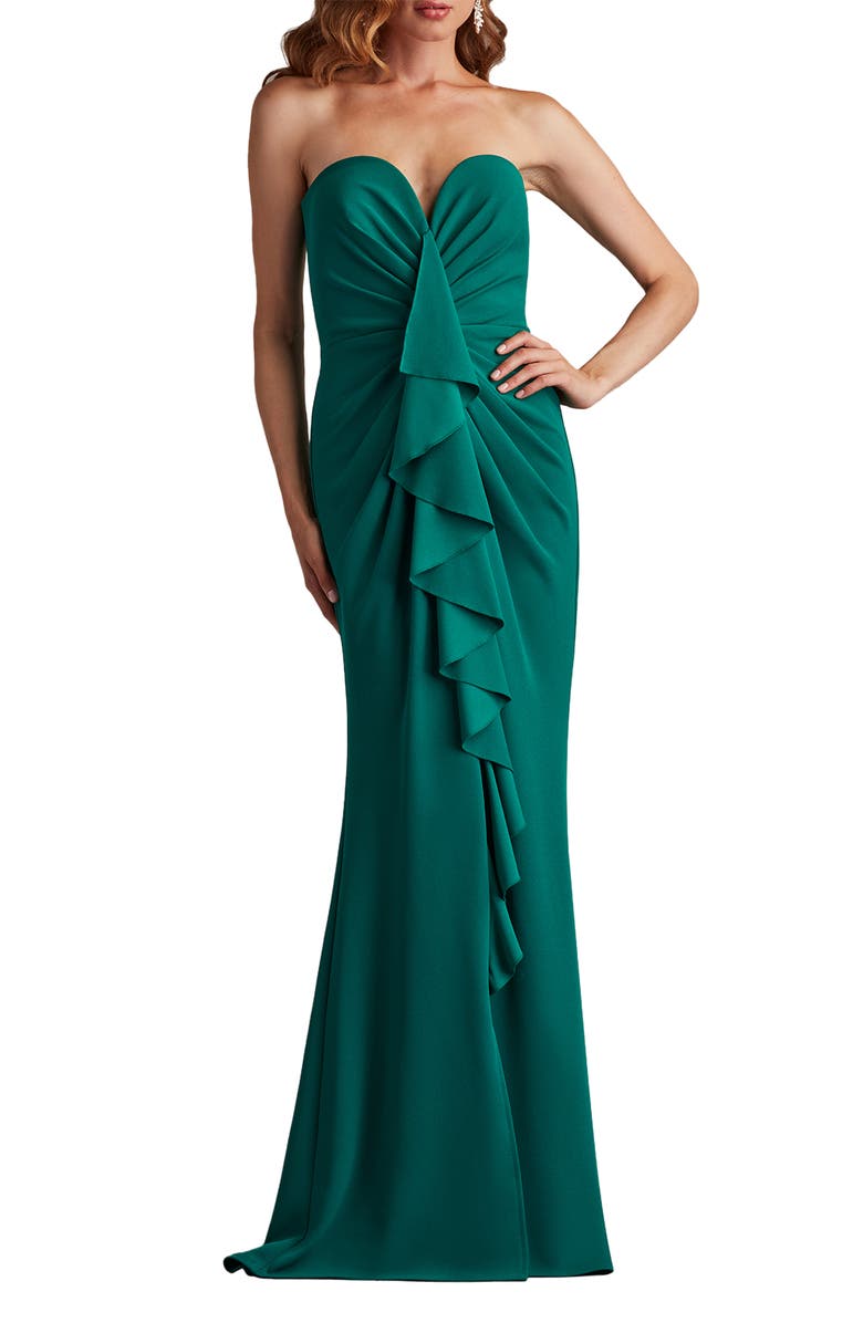 Tadashi Shoji Ruffle Front Strapless Gown, Main, color, Emerald