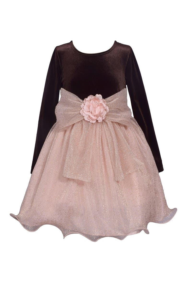 Kids' Long Sleeve Velvet & Mesh Dress, Main, color, BROWN