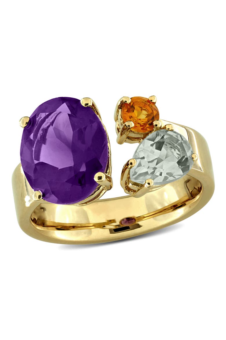 Gemstone 3-Stone Open Ring Yellow Plated Silver, Main, color, Amethyst