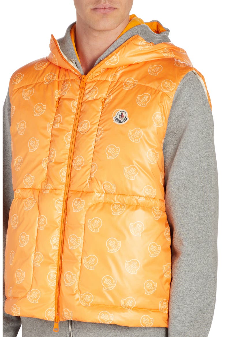 Alkarab Logo Print Hooded Down Vest, Alternate, color, ORANGE WHITE LOGO PRINT