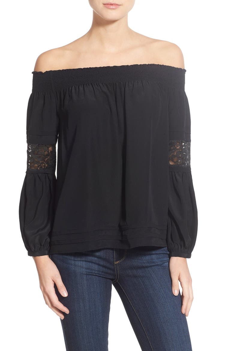 Olivia Palermo + Chelsea28 Silk Off the Shoulder Peasant Top, Main, color, BLACK