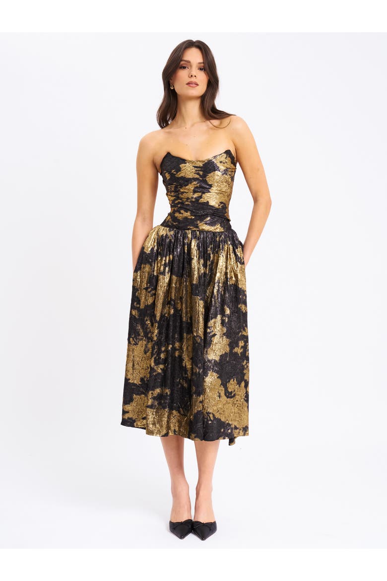 Saanvi Strapless Drop Waist Midi Dress, Alternate, color, Gold Bronzing Tie-Dye