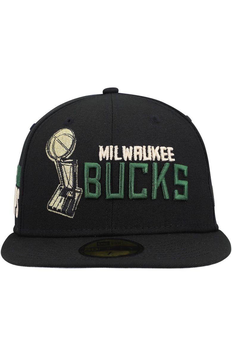 New Era Men's New Era Black Milwaukee Bucks Champs Trophy 59FIFTY Fitted Hat, Alternate, color, 