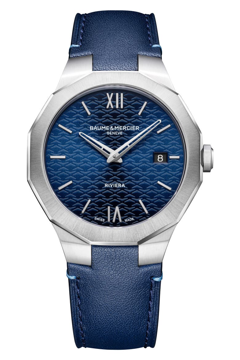 Riviera 73 Leather Strap Watch, 39mm, Main, color, BLUE