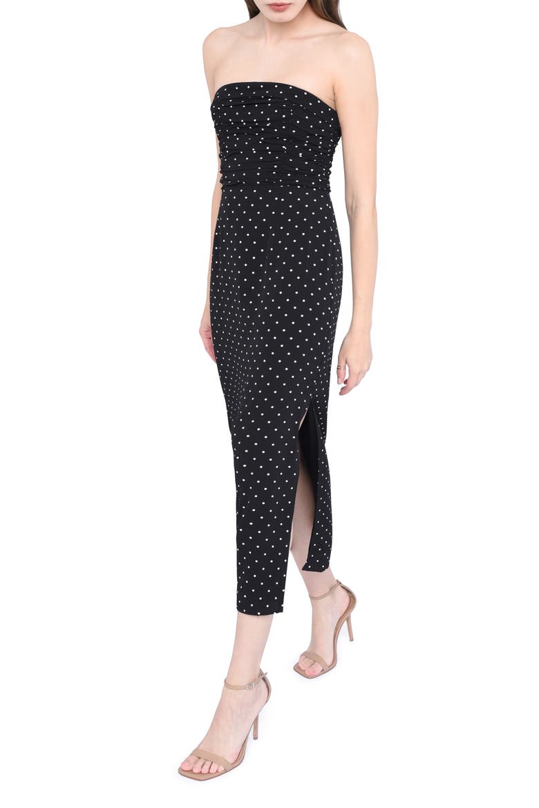 Birdie Ruched Strapless Midi Dress, Alternate, color, BLACK POLKA-DOT