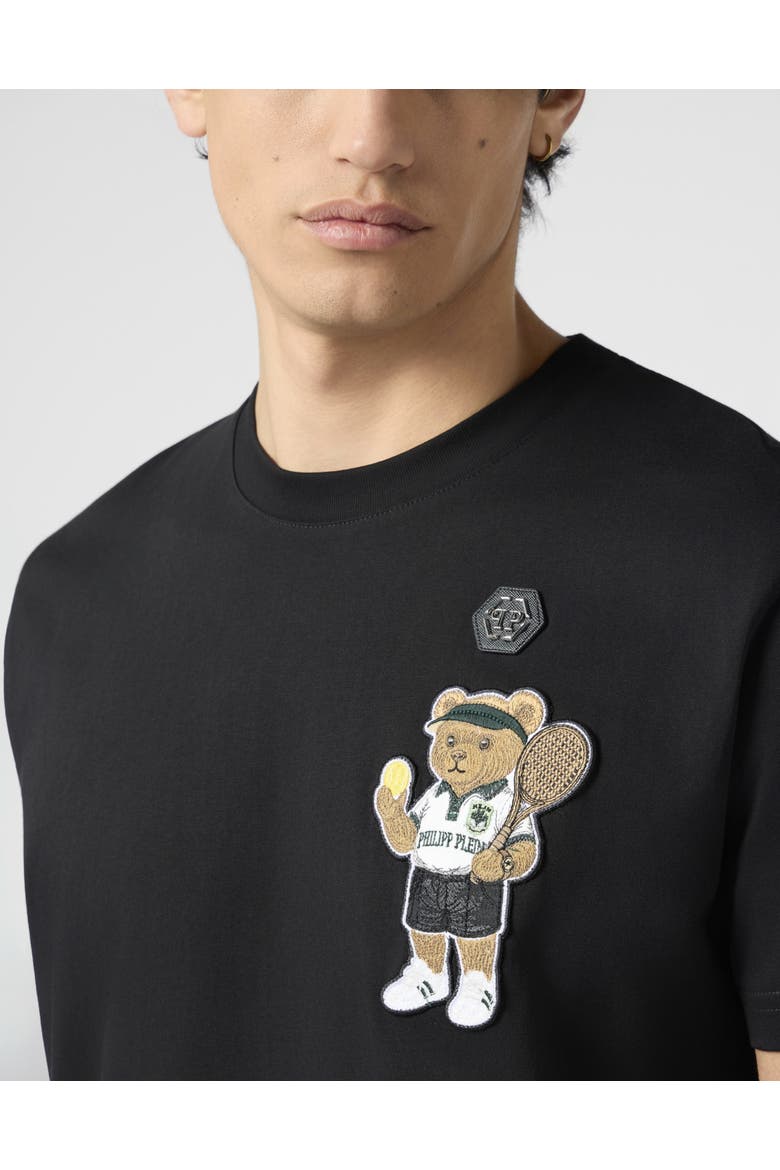 Round Neck T-Shirt Teddy Tennis Patch Men, Alternate, color, black