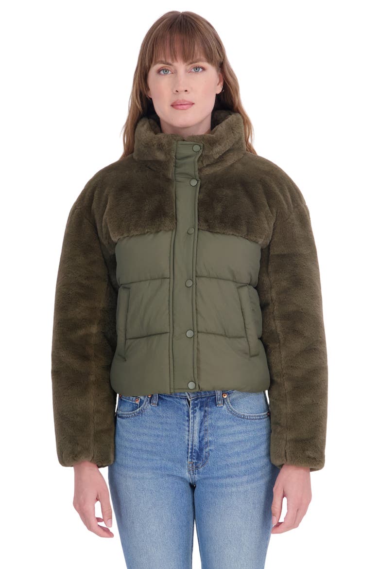 Faux Fur Mixed Media Puffer Jacket, Alternate, color, OLIVE