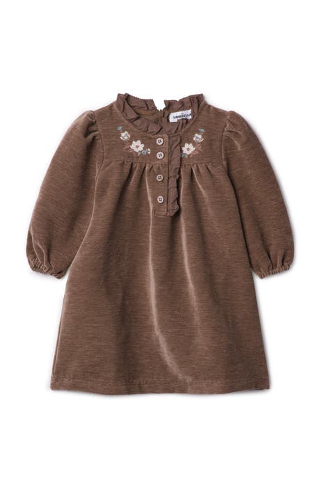 Velvet Floral Embroidered Button Front Dress (Toddler, Little Kid & Big Kid)
