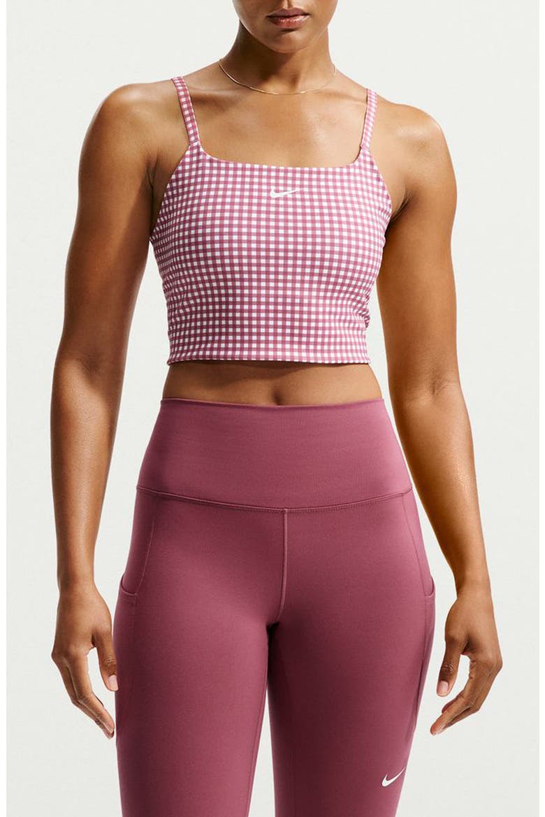 One Dri-FIT Padded Longline Gingham Sports Bra, Main, color, PINK SMOKE/ WHITE