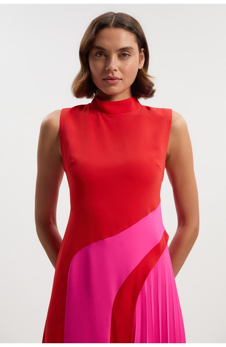 Karen Millen Colour Block High Neck Midi Dress, Alternate, color, Pink