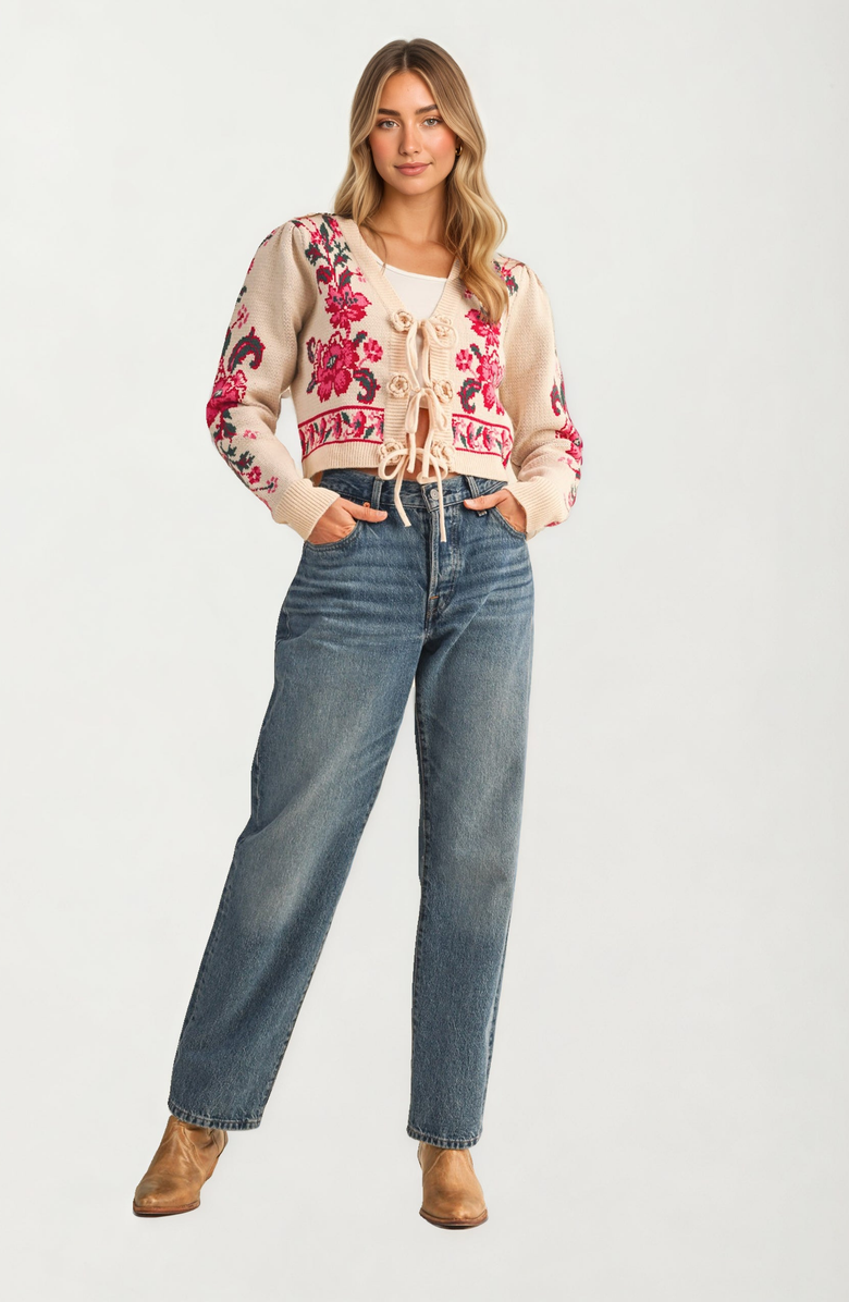 Knit and Lounge Floral Tie-Front Cropped Cardigan, Alternate, color, Beige / Pink Floral