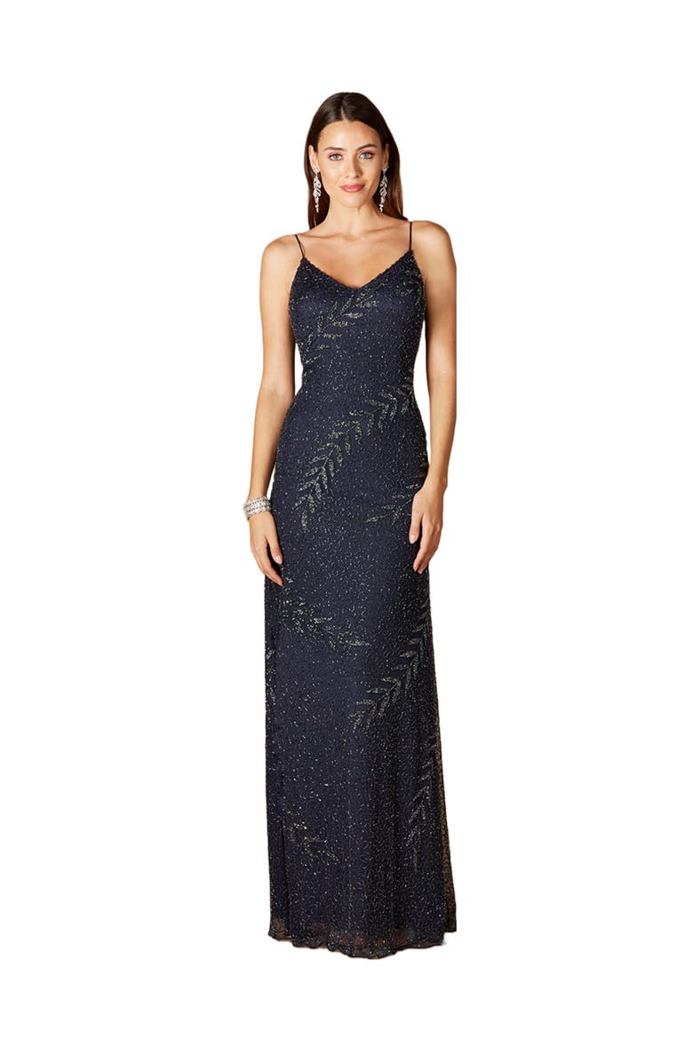 Beaded Spaghetti Strap Navy Full-Length Gown, Main, color, Navy