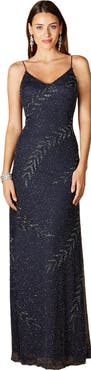 LARA New York Beaded Spaghetti Strap Navy Full-Length Gown