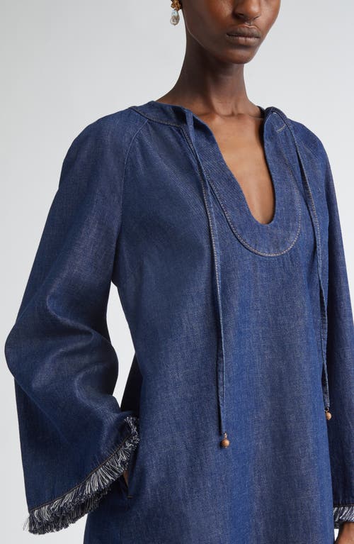 Shop Zimmermann Rhiannon Long Sleeve Fringe Trim Denim Minidress In Atlantic