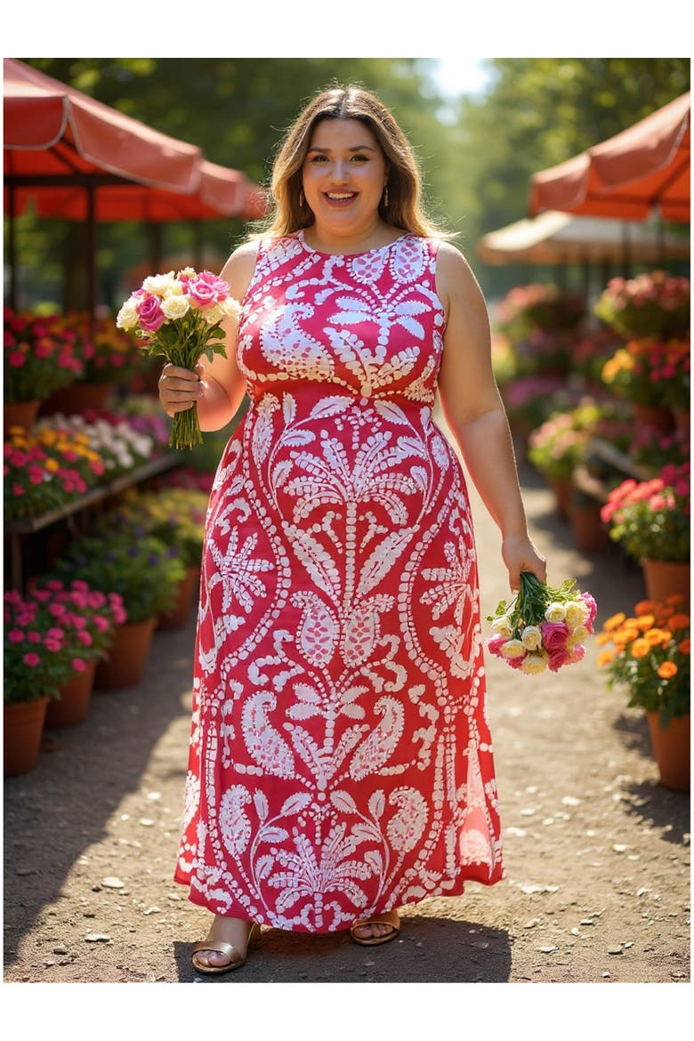 Curvy Essential Paisley Sleeveless Round Neck Side Slit Bodycon A-Line Maxi Dress, Alternate, color, Red Multi