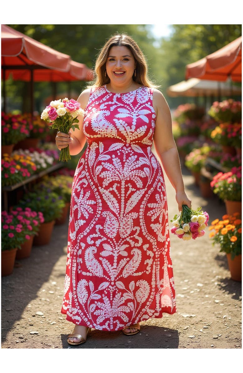 24seven Comfort Apparel Curvy Essential Paisley Sleeveless Round Neck Side Slit Bodycon A-Line Maxi Dress, Alternate, color, Red Multi