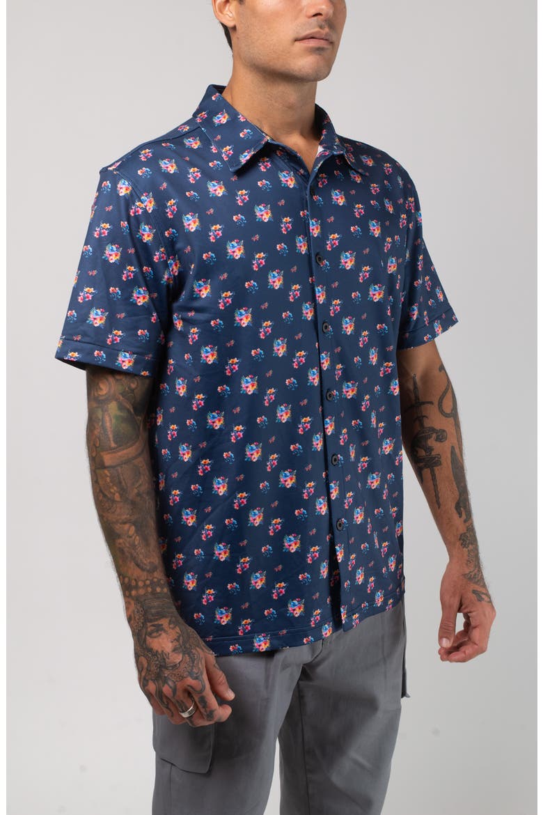 Aqua Terra Multi Floral Tech Short Sleeve Performance Button-Up Shirt, Alternate, color, NAVY MULTI