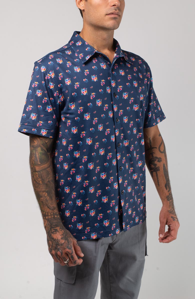 VAST Aqua Terra Multi Floral Tech Short Sleeve Performance Button-Up Shirt, Alternate, color, Navy Multi