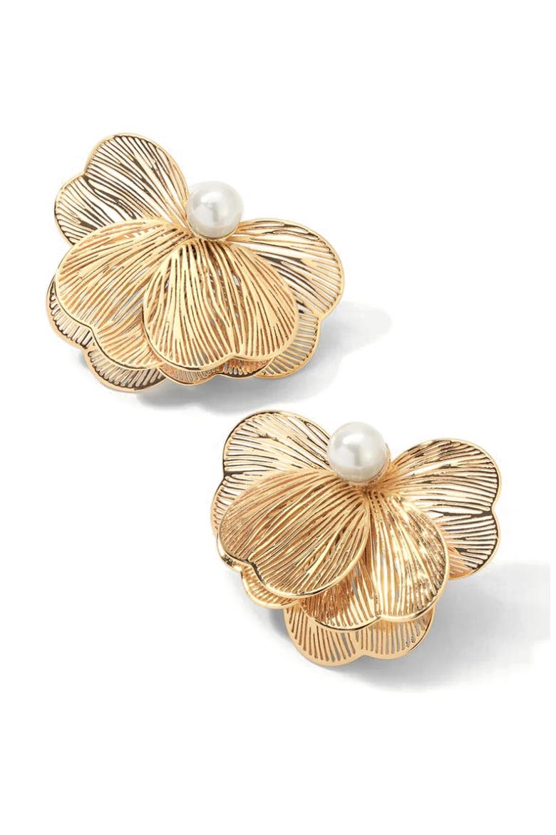 Lily Freshwater Pearl Floral Stud Earrings, Main, color, GOLD