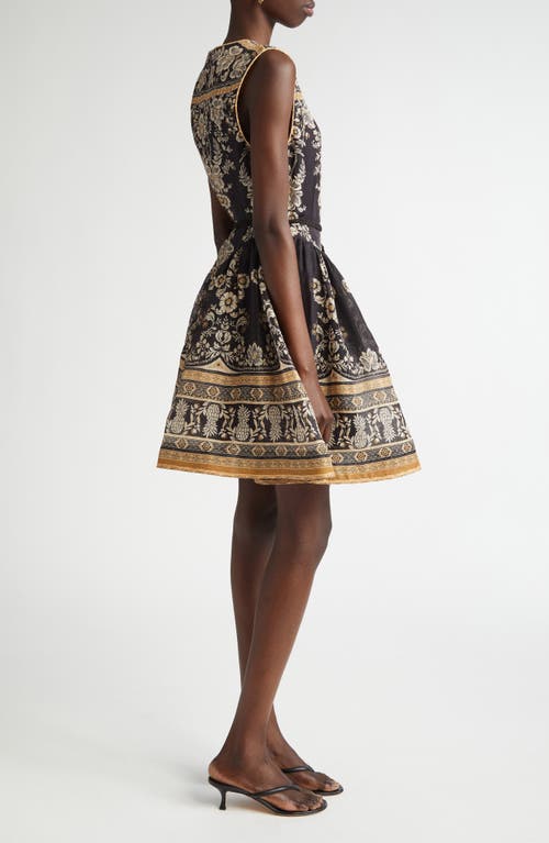 Shop Zimmermann Balance Belted Linen & Silk Fit & Flare Dress In Black Stamp
