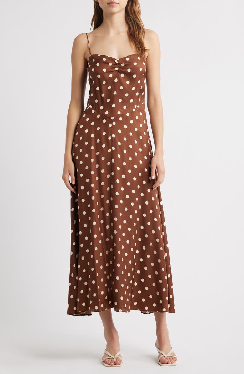 DÔEN Lorraine Polka Dot Silk Blend Satin Midi Dress, Main, color, Georgine Dot