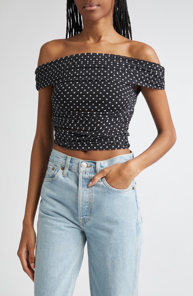 Alice + Olivia Isadola Polka Dot Ruched Off the Shoulder Mesh Crop Top, Main, color, Black/Off White Polka Dot