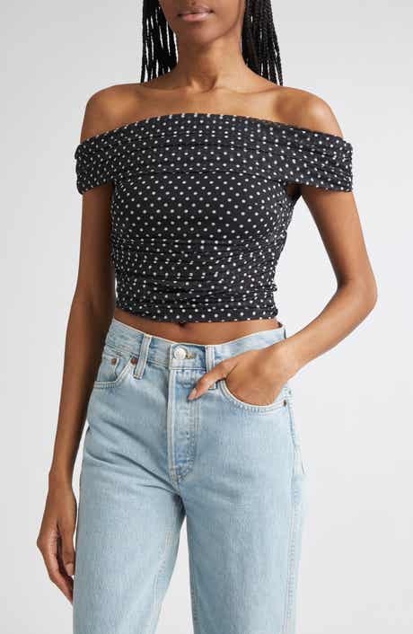 Alice + Olivia Isadola Polka Dot Ruched Off the Shoulder Mesh Crop Top