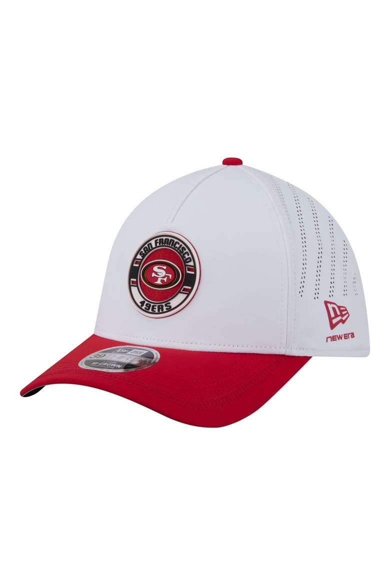 Men's New Era White/Scarlet San Francisco 49ers Patch 39THIRTY A-Frame M-Crown Perforated Flex Hat, Main, color, White