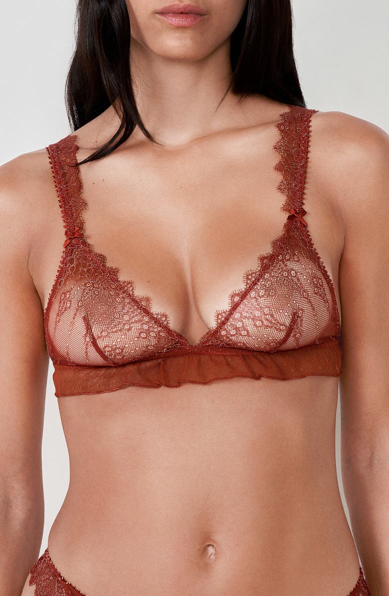 Etam Allusion Ruffle Lace Bralette, Main, color, Brown