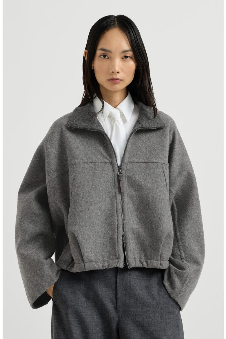 Hand-crafted bomber jacket in virgin wool double cloth with shiny zipper pull, Main, color, Dark Grey