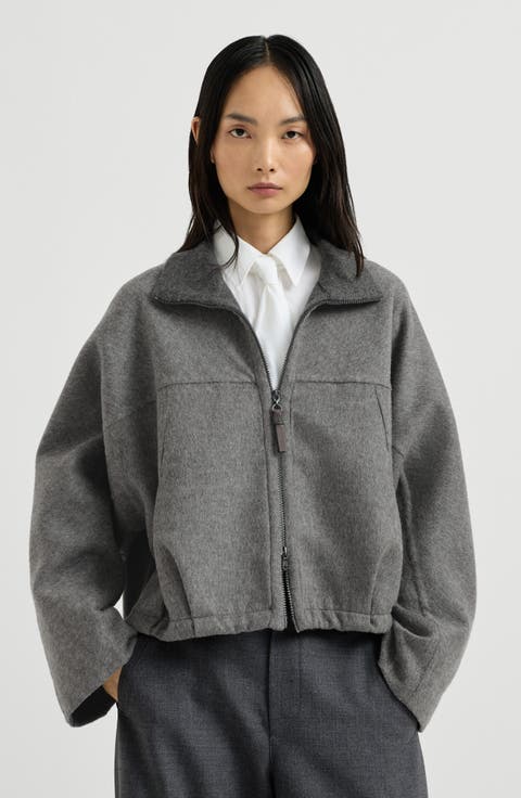 Hand-crafted bomber jacket in virgin wool double cloth with shiny zipper pull