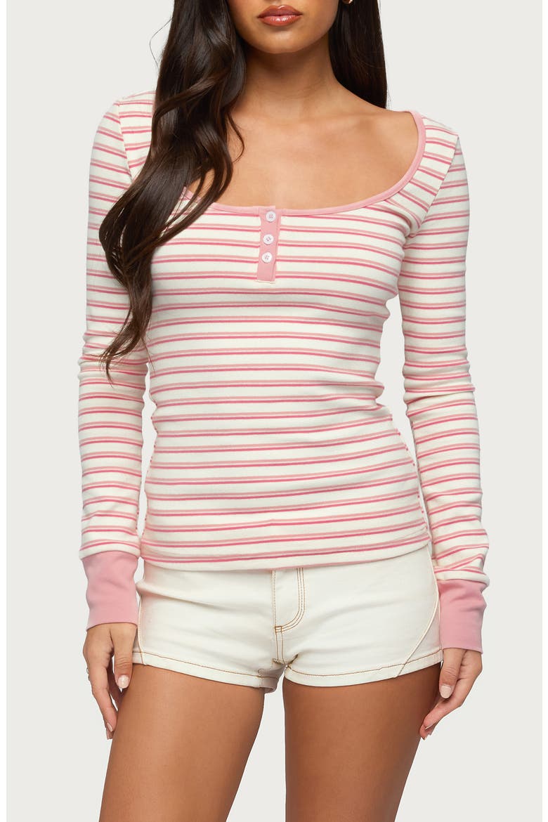 Jaida Stripe Stretch Cotton Henley Top, Main, color, PINK