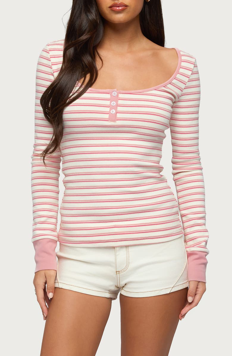EDIKTED Jaida Stripe Stretch Cotton Henley Top, Main, color, 