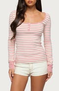 EDIKTED Jaida Stripe Stretch Cotton Henley Top