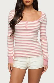EDIKTED Jaida Stripe Stretch Cotton Henley Top
