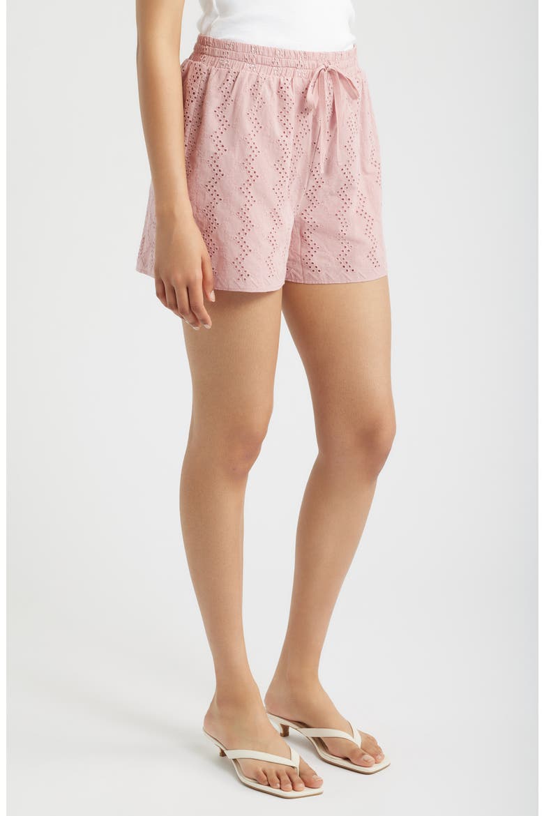 Eyelet Drawstring Waist Shorts, Alternate, color, DUSTY PINK