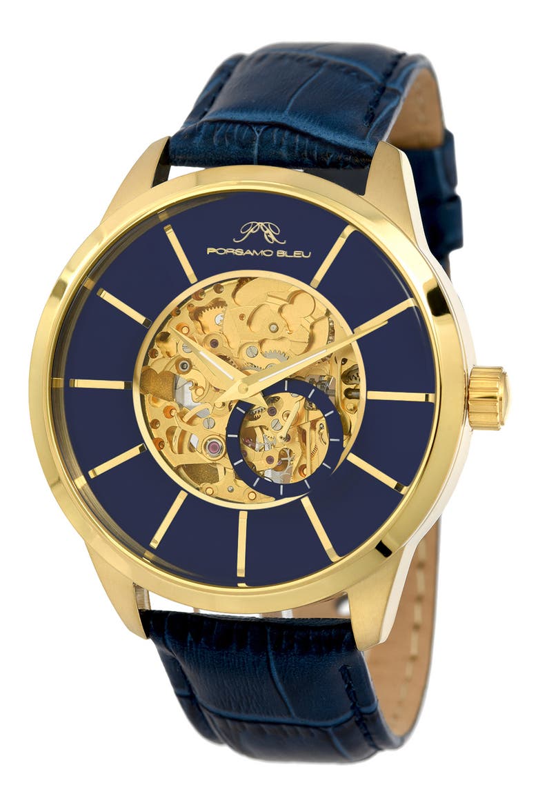 Men's Cassius Automatic Croc Embossed Leather Strap Watch, 45mm, Main, color, GOLD