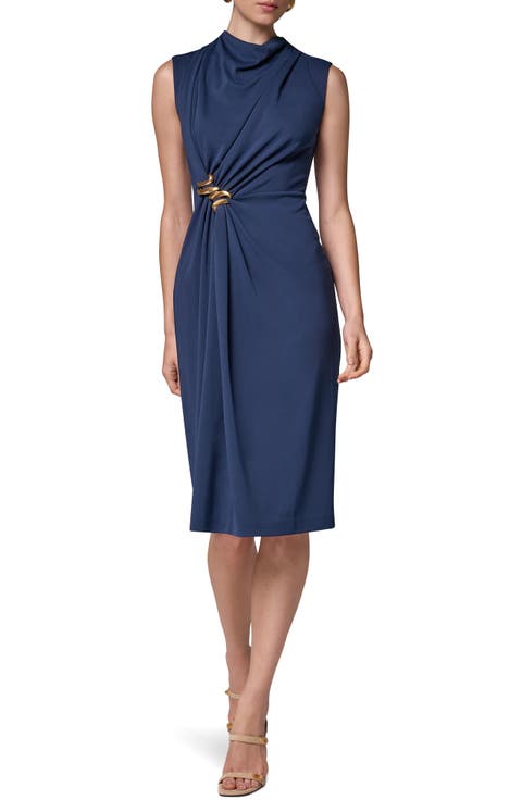 Sleeveless Drape Jersey Midi Sheath Dress