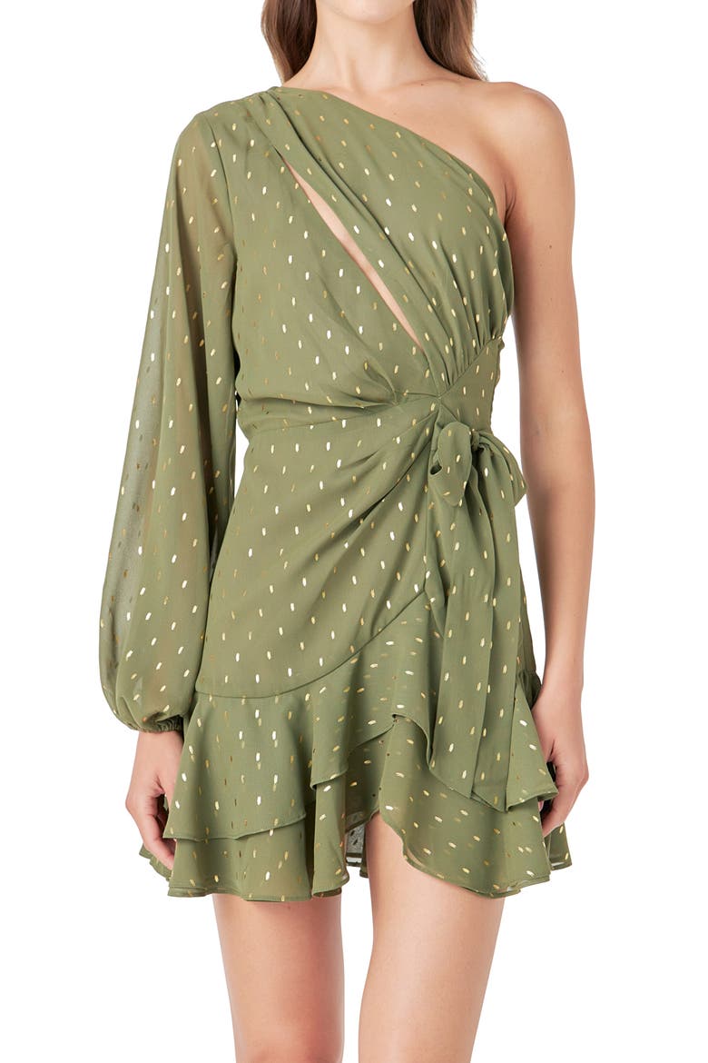 One-Shoulder Chiffon Minidress, Alternate, color, OLIVE