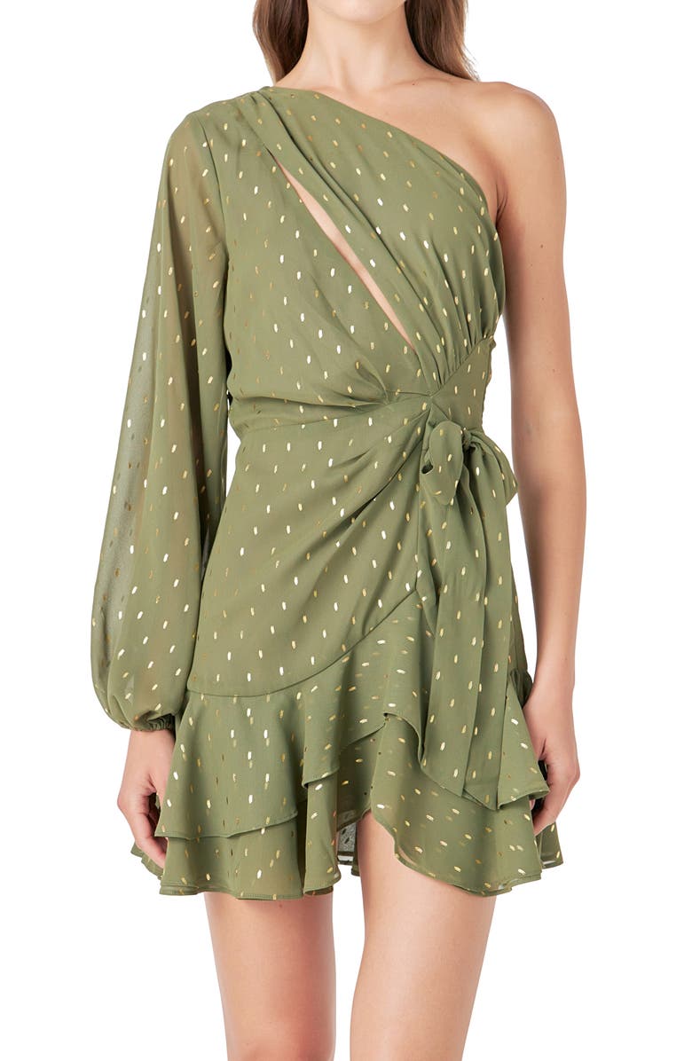 Endless Rose One-Shoulder Chiffon Minidress, Alternate, color, Olive