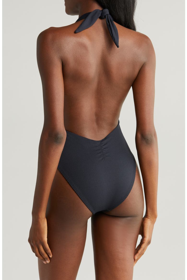 Tropez Tie Waist Halter One-Piece Swimsuit, Alternate, color, BLACK RIB